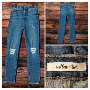 Willow & Root Buckle Jeans 24 Distressed High Rise Mom Blue Denim Stretch